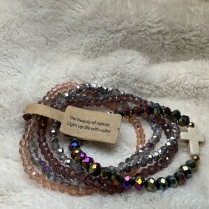 Beaded Bracelets Iridescent Colorful Set of 5 Silver Pink Purple Cross Charm NWT